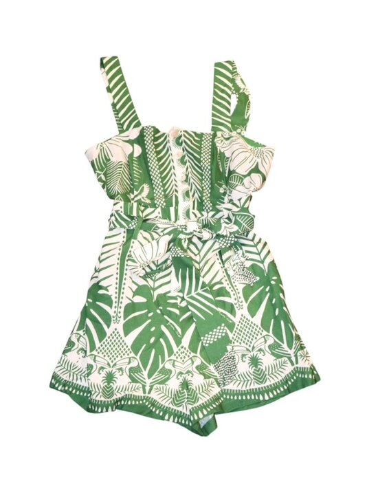 FARM Rio Pants - Farm Rio Macaw Elegance Off-White & Green Linen Romper, Large NWT